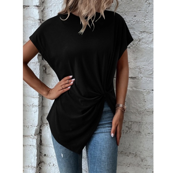 Twist Detail Black Tee Shirt Short Sleeve Round Neck - Picture 5 of 13